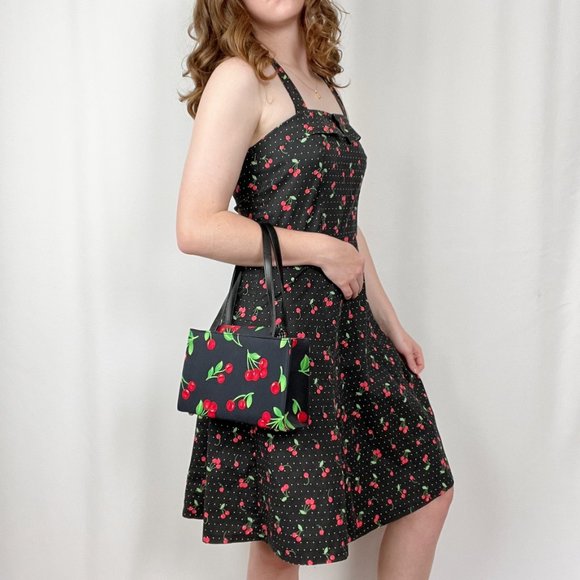 Vintage USA Pin-Up Novelty Cherry Print A-Line Fit & Flare Midi Fun Summer Dress - Picture 2 of 7